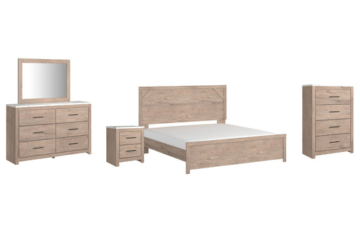 Senniberg King Panel Bed with Mirrored Dresser, Chest and Nightstand Huntsville Furniture Outlet